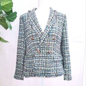 Ann Taylor Double Breasted Blue Tweed Shimmer Blazer Size Medium Petite NWT